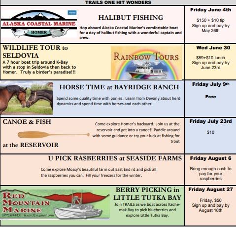 Halibut Fishing June 4th, Wildlife Tour to Seldovia on Rainbow Tours, June 30th. Horse time at Rayridge Ranch, July 9th. Canoe and Fish, Juley 23rd. You Pick Rasberries, August 6th. Berry Picking n Little Tutka Bay, August 2th