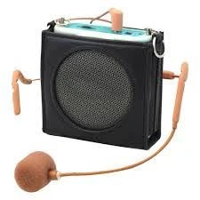 Small black electronic device with a speaker and microphone.