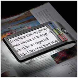 An electronic magnifying device placed over a book.